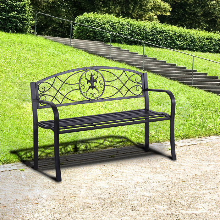 Outdoor Patio Loveseat Bench - 2-Seater Metal Garden Furniture, Black Porch Park Chair - Ideal for Yard and Outdoor Seating 129L x 91H x 50W cm