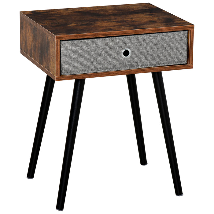 Retro Style Nightstand with Removable Fabric Drawer - Rustic Brown and Black Wooden Legged End Table - Versatile Side Table for Bedrooms & Living Spaces