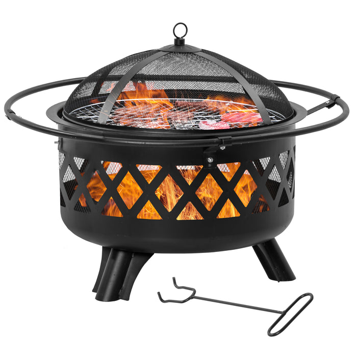 2-in-1 Outdoor Fire Pit and BBQ Grill - Patio Heater, Wood Charcoal Burner with Spark Screen and Poker - Perfect for Backyard Bonfires and Cooking