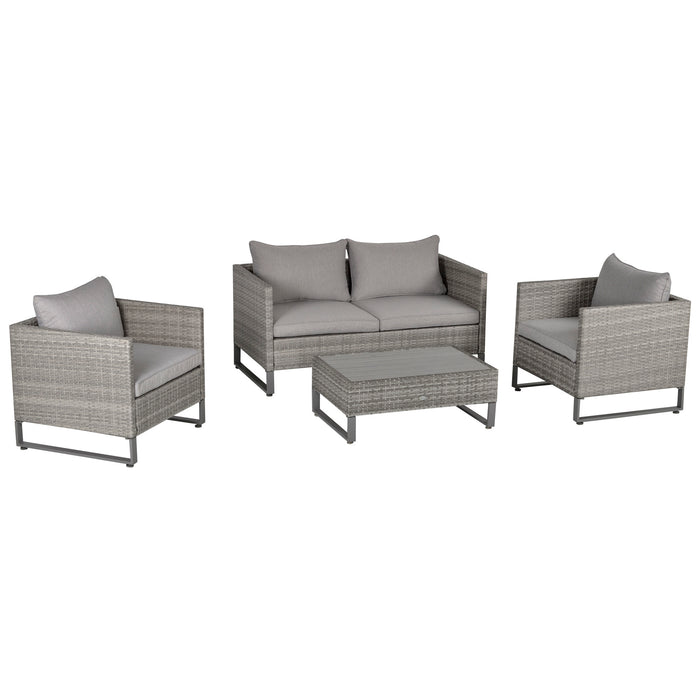 4-Seater Rattan Dining Ensemble - PE Wicker Outdoor Patio Furniture Set with Glass Top Table & Cushions - Elegant Grey Design for Garden Entertaining