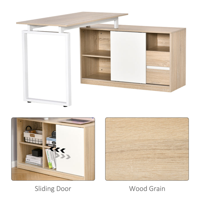 L-Shaped Oak Beige White Desk - Home Office Computer Workstation with Storage Shelf and Drawer - Space-Saving Corner Writing Table for Professionals