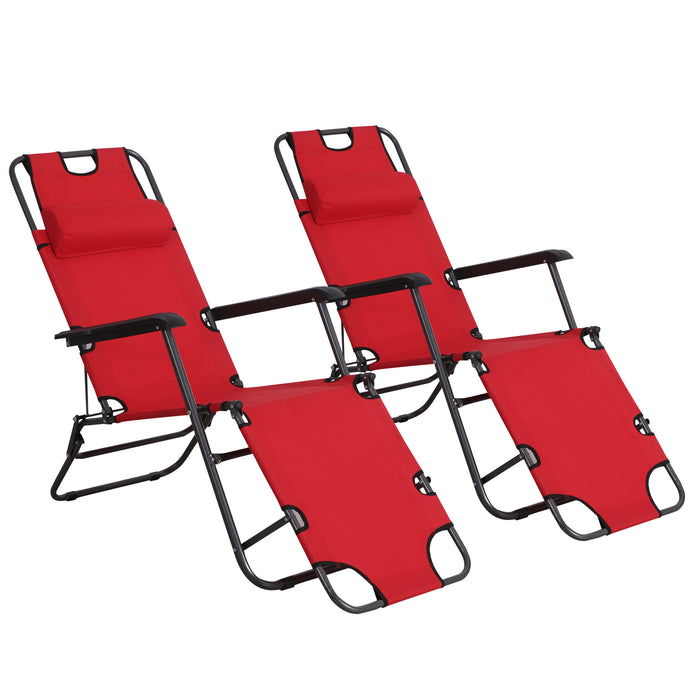 Foldable Sun Loungers with Adjustable Back - Outdoor Reclining Garden Chairs with Pillow and Armrests in Vibrant Red - Perfect for Patio Relaxation and Sunbathing