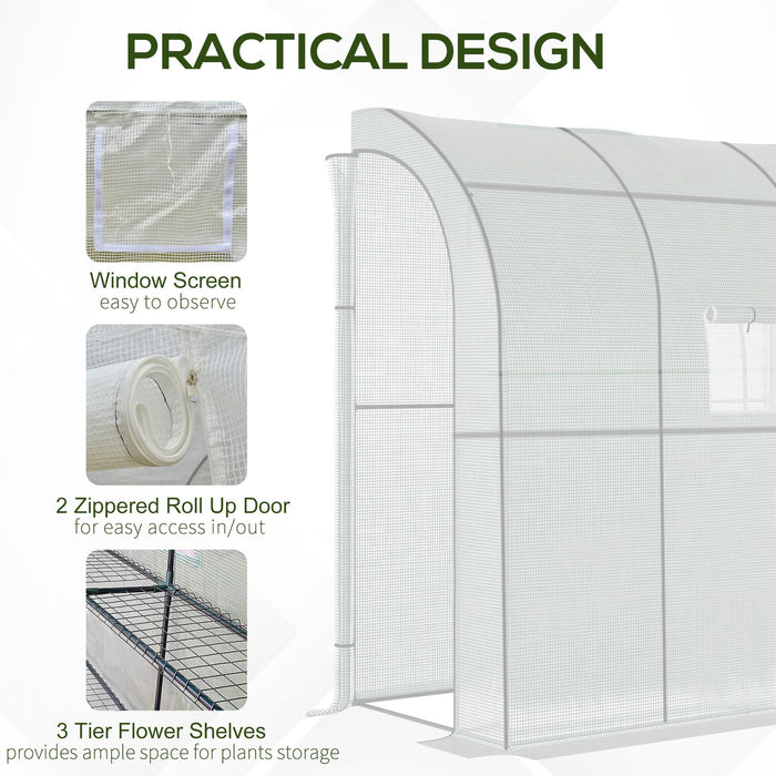 Walk-In Lean-to Polytunnel Greenhouse - 2-Tier Shelving, Windows, Doors, 200x100x215cm, White - Perfect for Plant Growth and Garden Space Maximization