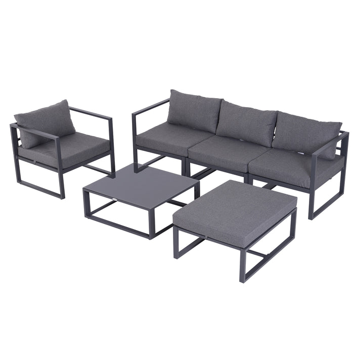 Aluminium Frame 5-Seater Sectional Sofa Set with Footrest - Outdoor Indoor Thick Padded Cushions and Coffee Table - Comfortable Lounging for Patio or Living Room