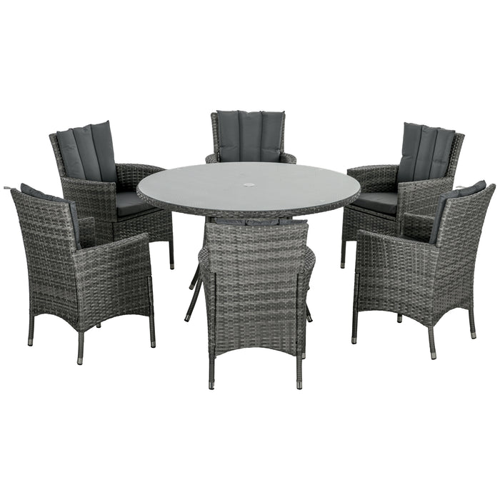 7-Piece PE Rattan Outdoor Dining Set - Cushioned Garden Furniture with Six Armchairs and Tempered Glass Tabletop - Ideal for Patio and Conservatory, Features Umbrella Hole, Mixed Grey