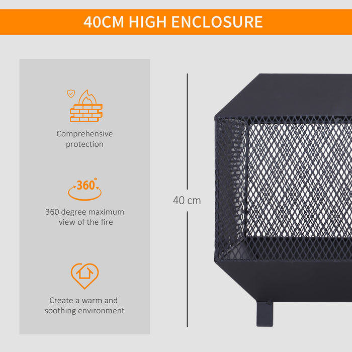 Outdoor Metal Square Fire Pit with Mesh Lid & Accessories - Sturdy Brazier with Log Grate and Poker for Backyard and Camping - Ideal Wood Burning Stove for Outdoor Entertainment, 44x44x40cm, Black