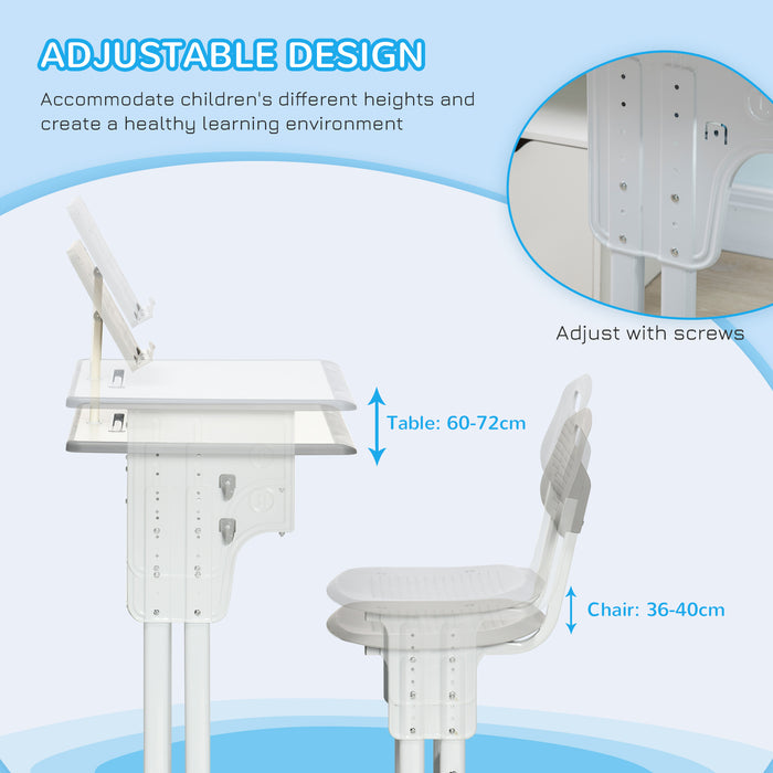 Height Adjustable Kids Desk and Chair Set - Includes Storage Drawer, Book Stand, Cup Holder, Pen Slot - Ideal for Homework and Art Projects