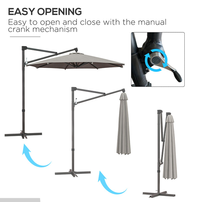 360° Rotating Cantilever Banana Parasol with Cross Base - Outdoor Patio Umbrella with Tilt and Crank Handle, Light Grey - Ideal for Garden, Deck, and Backyard Sun Protection