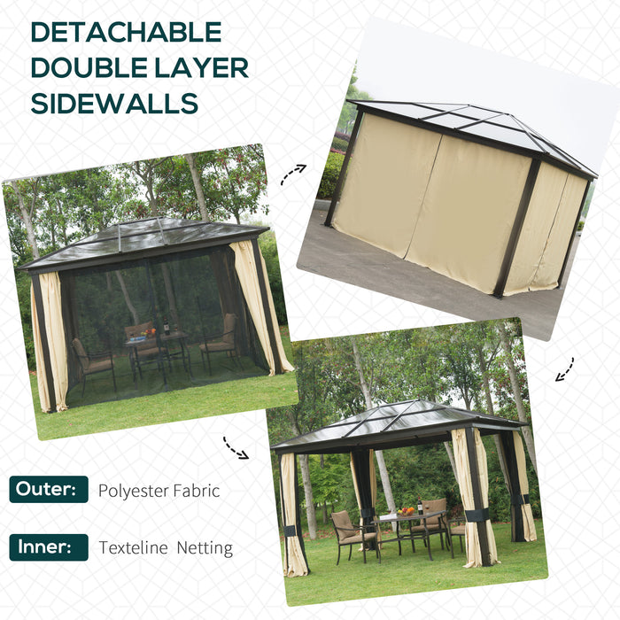 Hardtop Gazebo Canopy with Polycarbonate Roof - 3.6 x 3m Aluminium Frame Pavilion with Mosquito Netting & Curtains, Brown - Elegant Outdoor Shelter for Garden & Entertainment