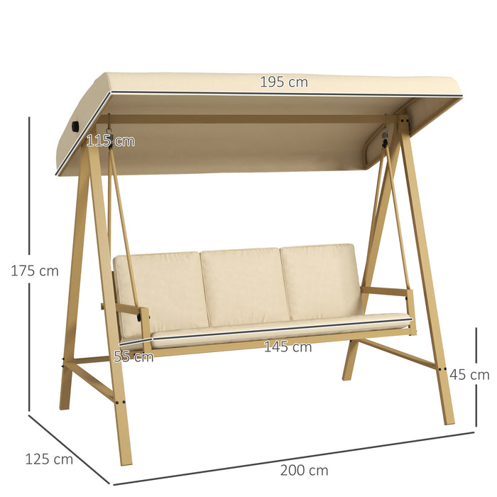 Outdoor Beige 3-Seater Swing Chair with Adjustable Canopy - Garden Hammock Bench with Removable Cushions & Sturdy Steel Frame - Ideal for Patio Relaxation and Comfort