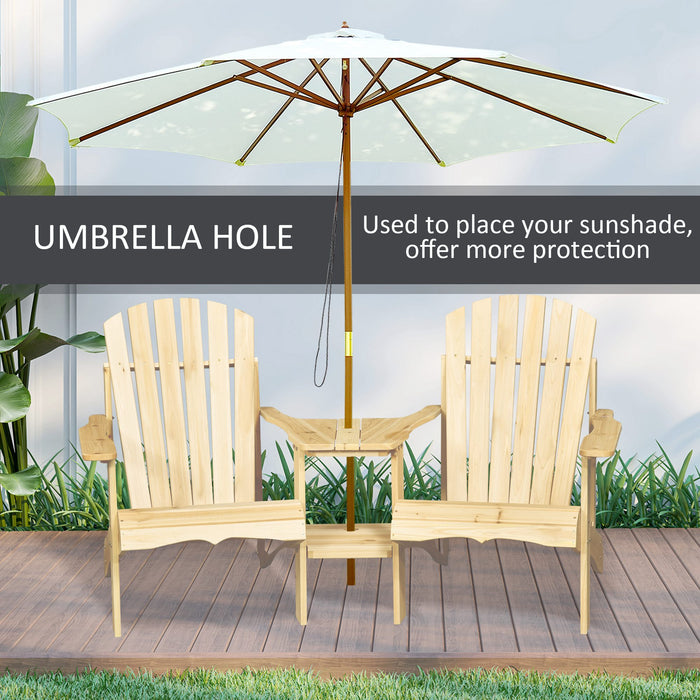 Double Adirondack Wooden Loveseat with Center Table - Garden Patio Chair with Umbrella Hole for Outdoor Lounging - Ideal for Relaxation and Comfort in Natural Scenery