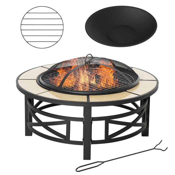 Extra-Large Metal Fire Pit with Grill - Garden Bonfire Bowl, Spark Guard & Fire Poker Included - Perfect for Outdoor Patio Entertainment and Cooking