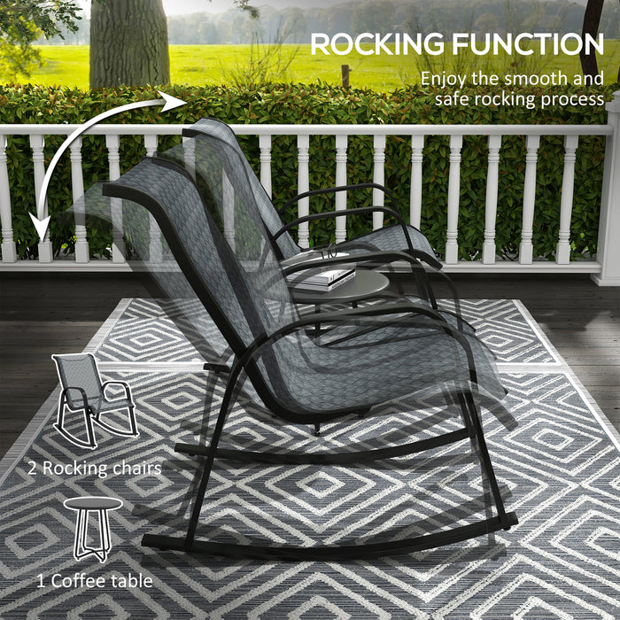 Outdoor Patio Rocking Chair Set - 3-Piece Bistro Set with Metal Coffee Table & Breathable Mesh Fabric - Ideal for Garden Relaxation & Entertaining