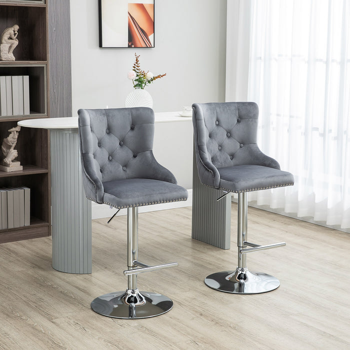 Adjustable Swivel Velvet Barstools Pair - Contemporary Tufted Back with Nailhead Trim and Footrest - Elegant Seating for Home Bar, Grey