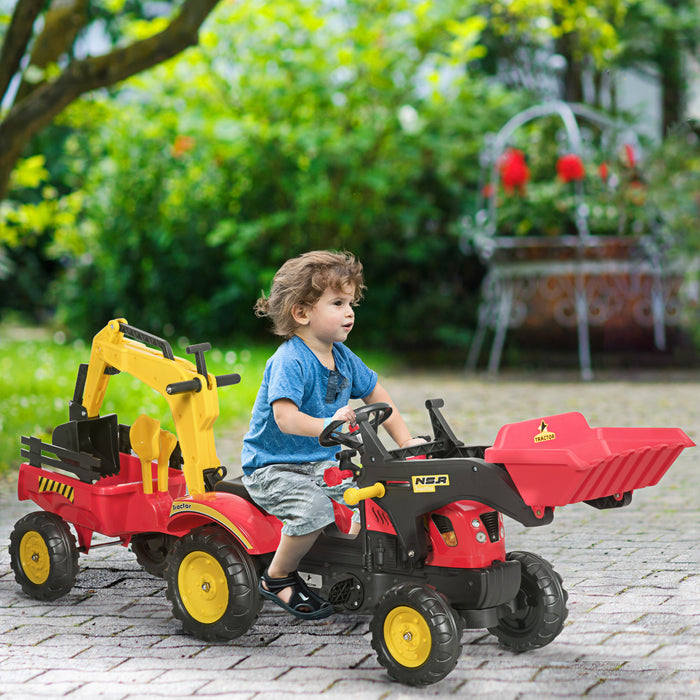 Kids Controllable Excavator - Durable Plastic Pedal-Powered Ride-On Truck in Red and Yellow - Perfect for Budding Construction Enthusiasts