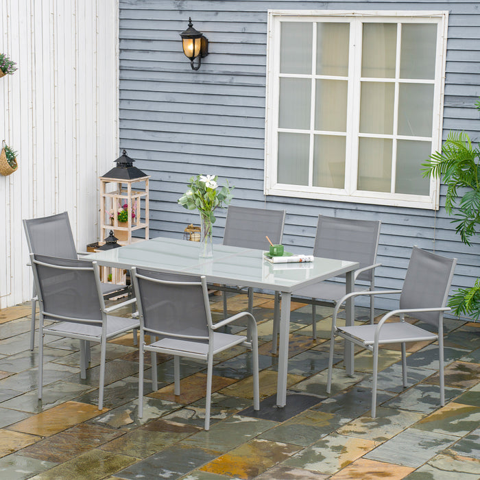 7 Piece Garden Dining Set - Steel-Framed Table with Tempered Glass & 6 Grey Mesh Stackable Chairs - Perfect for Patio & Outdoor Entertaining