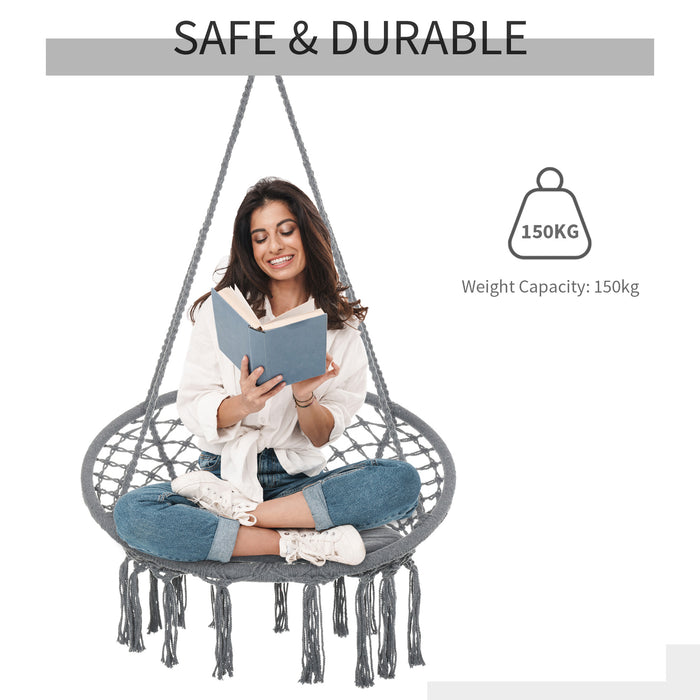 Cotton-Poly Blend Macrame Swing Hammock - Stylish Indoor & Outdoor Hanging Chair with Backrest & Fringe Tassels - Cozy Spot for Relaxation, Grey