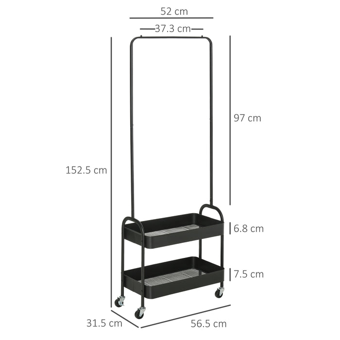 Freestanding Metal Garment Rack - Wheel-Mounted Coat Stand with Shoe Shelves and Clothing Rail - Space-Saving Hall Tree for Home Organization