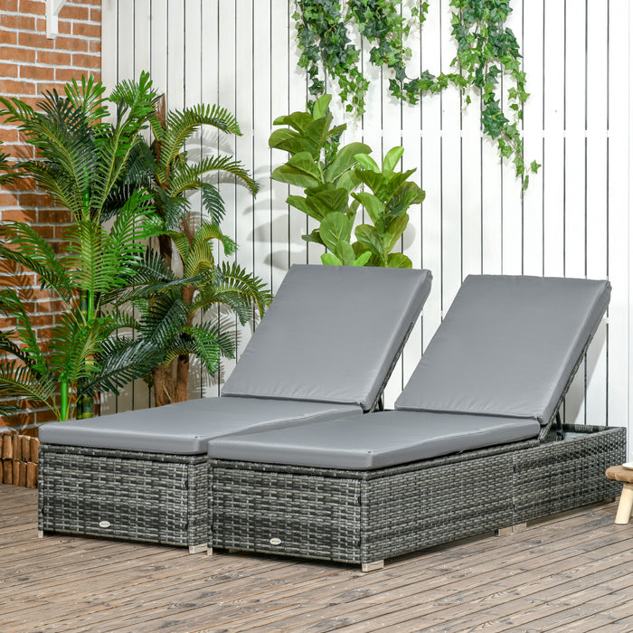 PE Rattan Sun Lounger Set of 2 with Cushions - Adjustable 5-Level Backrest Garden Sunbeds - Reclining Wicker Patio Chairs Perfect for Outdoor Relaxation