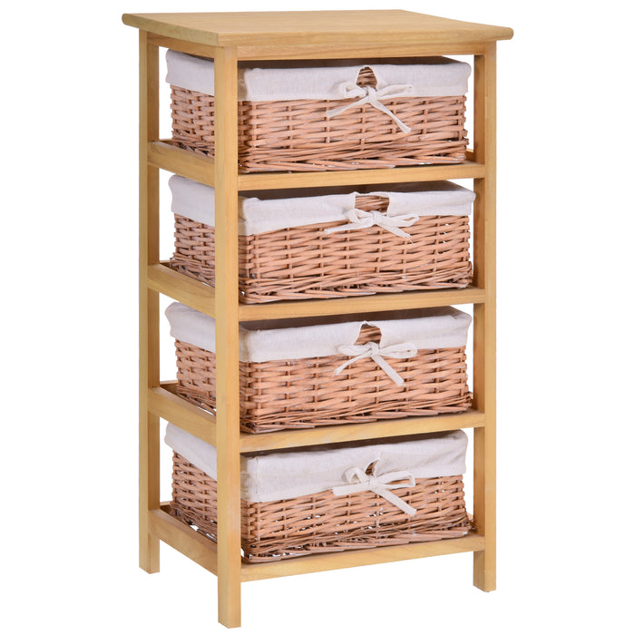 Wooden 4-Drawer Dresser with Wicker Baskets - Storage Shelf Unit for Home and Office Organization, Natural Finish, 73x40 cm - Ideal Cabinet for Bedroom Clutter Reduction