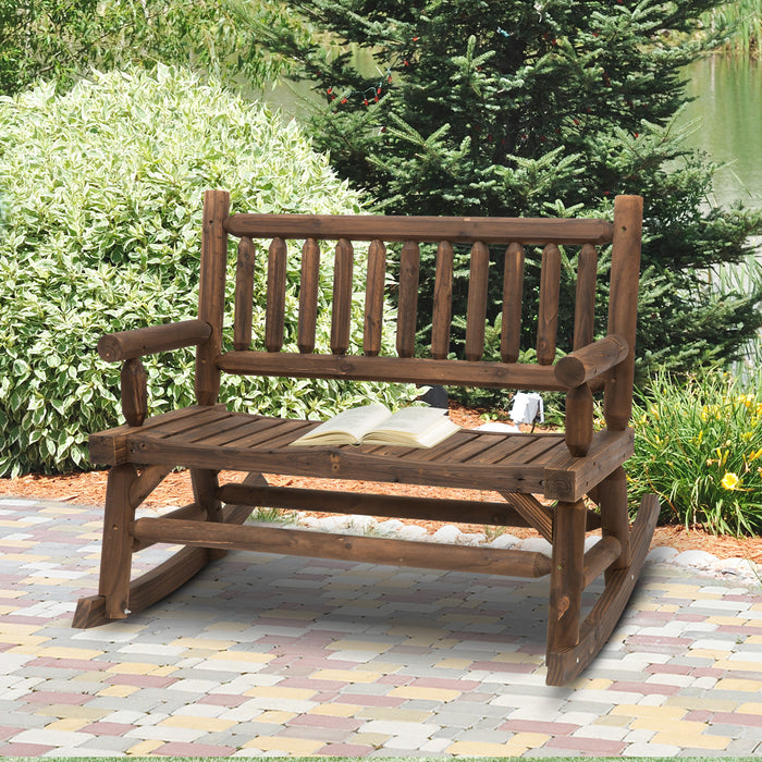 Rustic Rough-Cut Log Rocking Loveseat - 2-Seater Garden Bench with High Slatted Back and Armrests, Dark Stain Brown - Ideal for Couples and Outdoor Relaxation