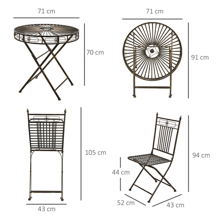 3-Piece Bistro Set for Garden & Outdoor - Foldable Metal Chairs & Round Table in Bronze - Ideal for Lawn, Backyard, and Porch Enjoyment