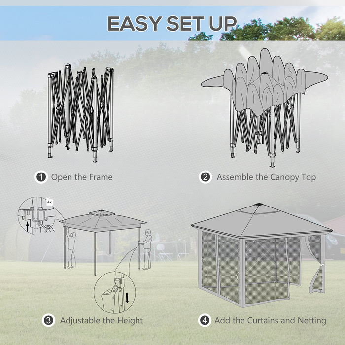 Pop Up Gazebo Party Tent with Solar LED Lights - 3x3m Adjustable Event Shelter with Curtain and Netting, Khaki - Ideal for Outdoor Gatherings and Celebrations