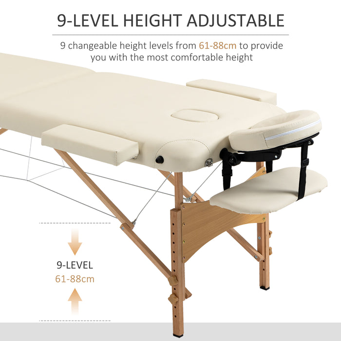 Portable 2-Section Massage Table - Folding Spa and Beauty Bed with Carry Bag, Wooden Frame in Cream Finish - Ideal for Therapists, Salons, and Home Use