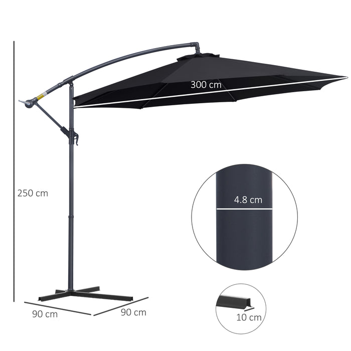 Garden Cantilever Parasol Umbrella with Crank & Tilt - 3m Patio Banana Hanging Sun Shade, 8 Ribs, Cross Base in Black - Ideal for Outdoor Relaxation and UV Protection