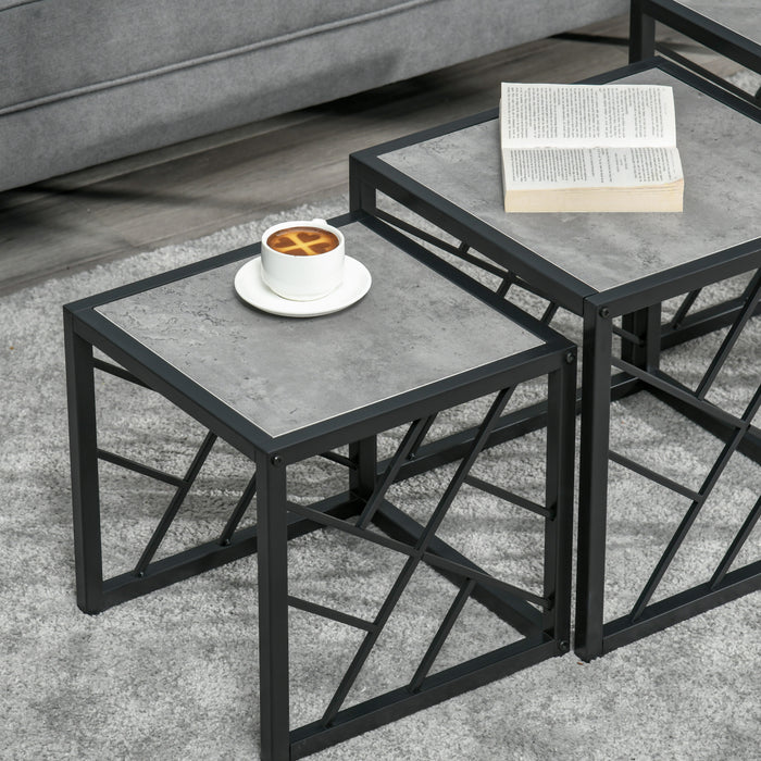 Nest of 3 Square Side Tables - Black Metal Frame & Grey Finish for Modern Decor - Versatile Living Room, Bedroom, and Office Furniture