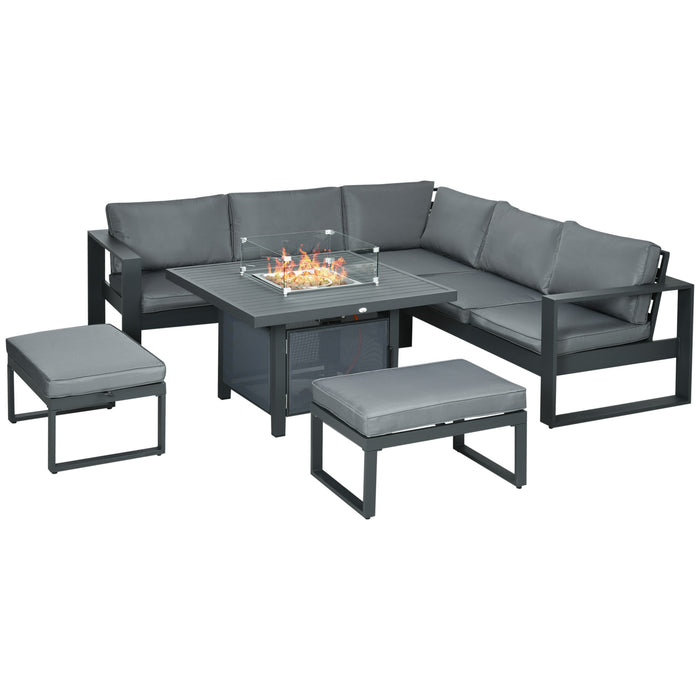 6-Piece Aluminum Garden Lounge Set - Outdoor Corner Sofa, Loveseat & Footstool with Gas Fire Pit Table - Cozy Yard & Patio Furniture Arrangement in Grey