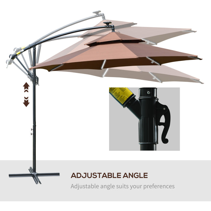 Cantilever 3m Parasol with Solar LED Lights - Double Roof Banana Hanging Umbrella, 8 Ribs, Crank Handle, Cross Base - Ideal for Outdoor Patio, Garden in Coffee Color