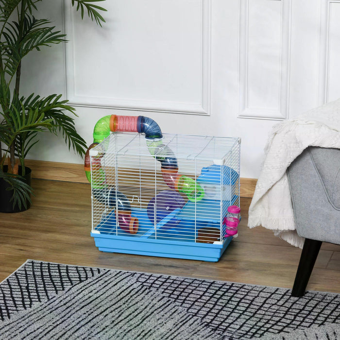 Blue 2-Tier Hamster Cage with Accessories - Small Animal Habitat with Exercise Wheels, Tunnel Tube, and Ladder - Ideal for Dwarf Mice and Hamster Comfort