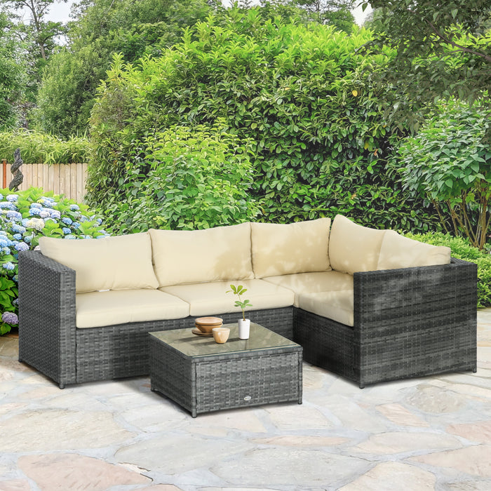 Rattan Outdoor Lounge Set - 4-Piece Patio Corner Sofa & Table with Beige Thick Cushions - Ideal for Garden Entertaining and Relaxation