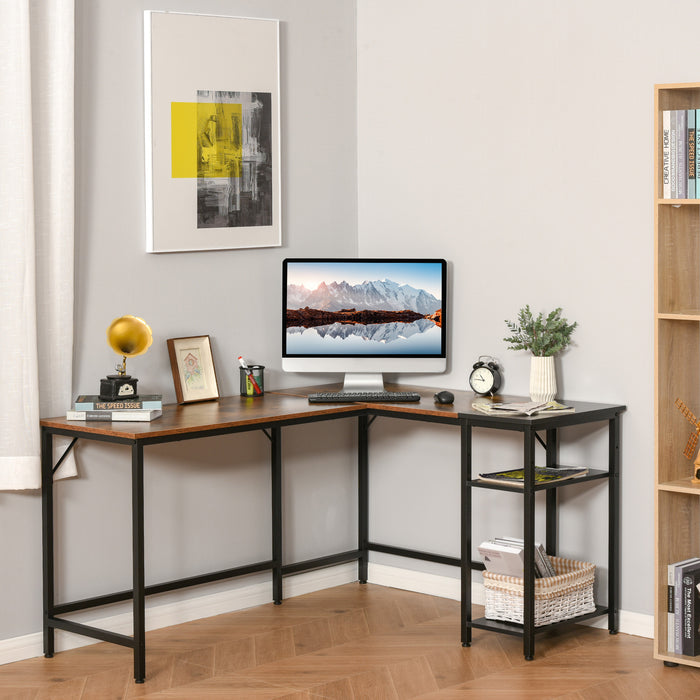 L-Shaped Industrial Computer Desk - Space-Efficient Corner Writing Desk with Adjustable Storage Shelf - Ideal for Home Office and Workstation in Rustic Brown