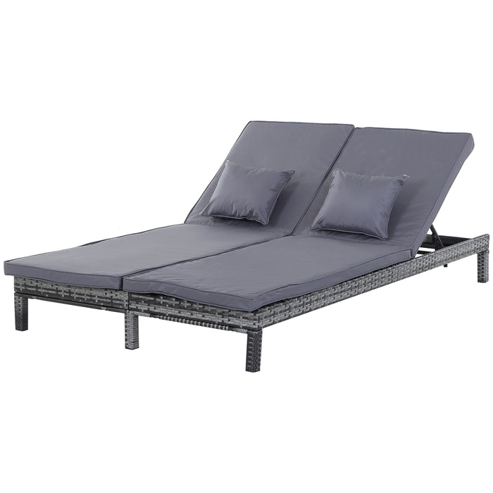 Double Rattan Sun Lounger - 2-Seater Companion Recliner with Wicker Weave Design, Cushioned - Ideal for Garden and Patio Relaxation in Grey