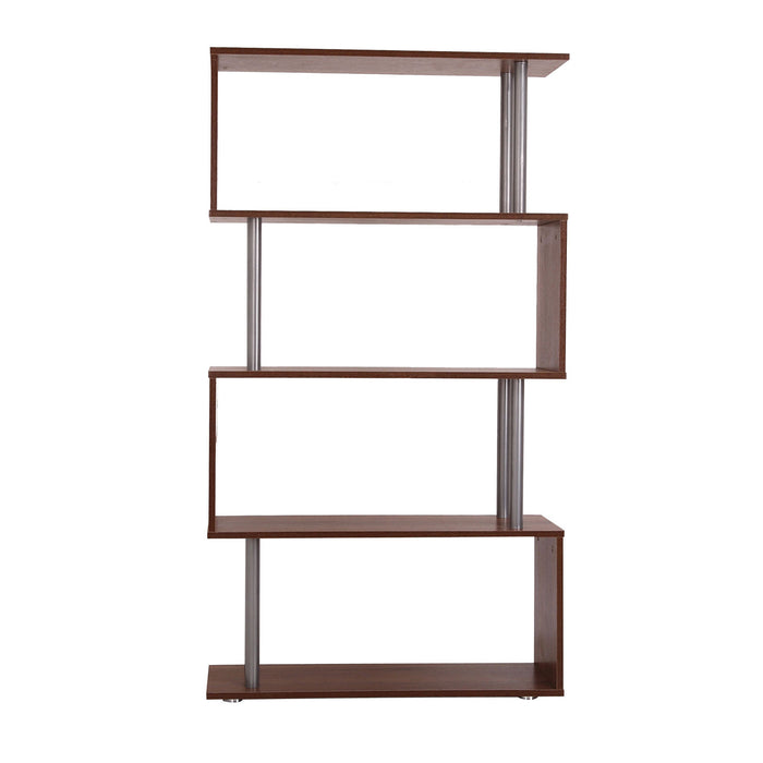 4-Tires Wooden S-Shape Bookshelf - Contemporary Storage & Display Unit with Steel Frame - Ideal for Living Room, Bedroom, Office in Walnut Finish