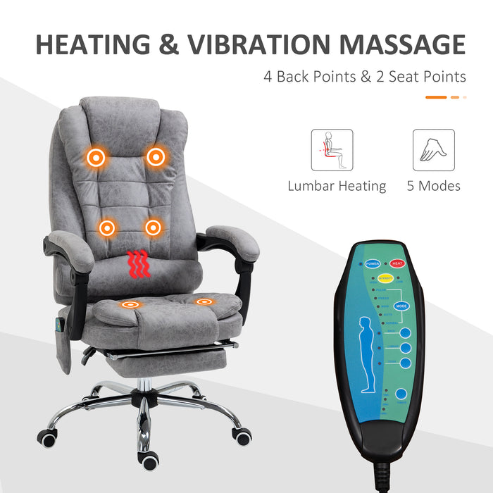 Ergonomic Executive Massage Chair with Heat and Vibration - 6-Point Heated Vibrating Recliner with Swivel, High-Back, and Footrest in Grey - Ideal for Stress Relief and Comfort in Office or Home Study