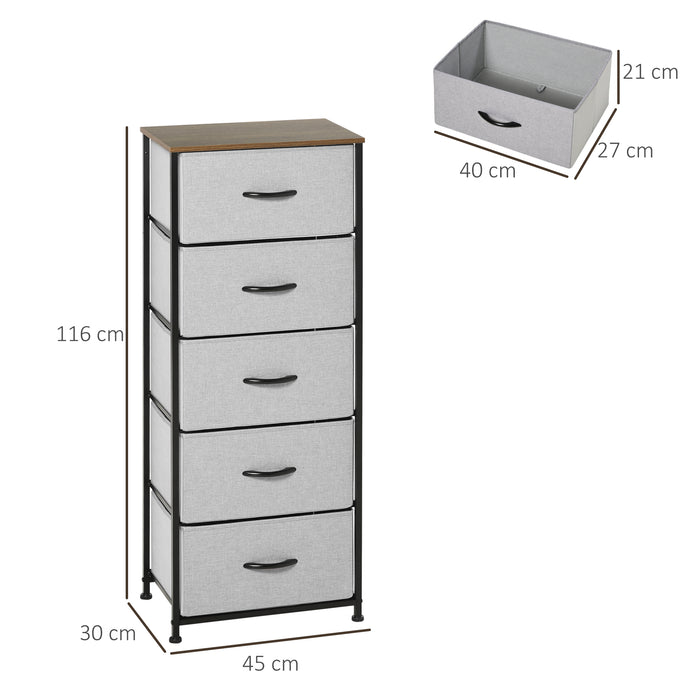 Industrial Bedroom Dresser with 5 Fabric Drawers - Steel Frame and Wooden Top Storage Solution - Ideal for Nursery and Living Room, Grey Color