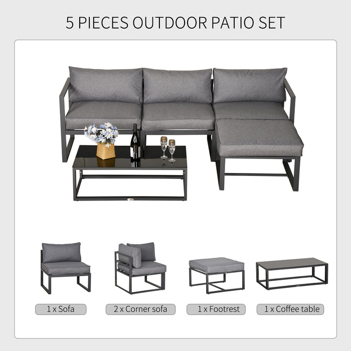 5-Piece Patio Lounge Set with Glass Top Coffee Table - Outdoor Sofa, Cushioned Seats, Metal Frame Construction - Ideal for Garden, Balcony, and Backyard Relaxation in Grey