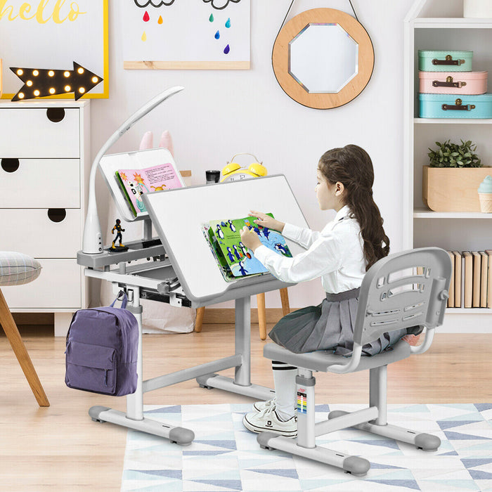 Adjustable Height Children's Study Table and Chair - Equipped with Lamp in Grey - Perfect for Kids' Learning and Homework Sessions