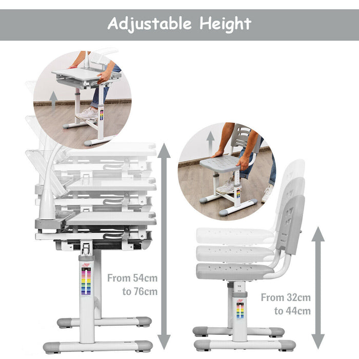 Adjustable Height Children's Study Table and Chair - Equipped with Lamp in Grey - Perfect for Kids' Learning and Homework Sessions