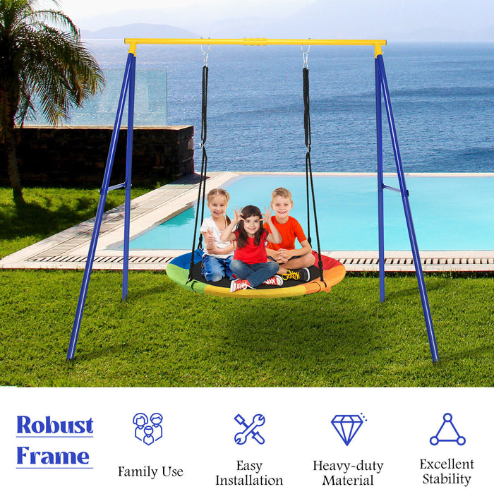 Saucer Swing Set with Metal Frame - Garden Park Outdoor Play Equipment in Blue & Yellow -Includes Ground Nails for Stability and Safety