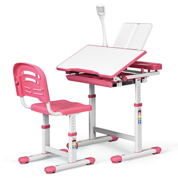 Adjustable Height Children's Study Table and Chair - Equipped with Lamp in Grey - Perfect for Kids' Learning and Homework Sessions