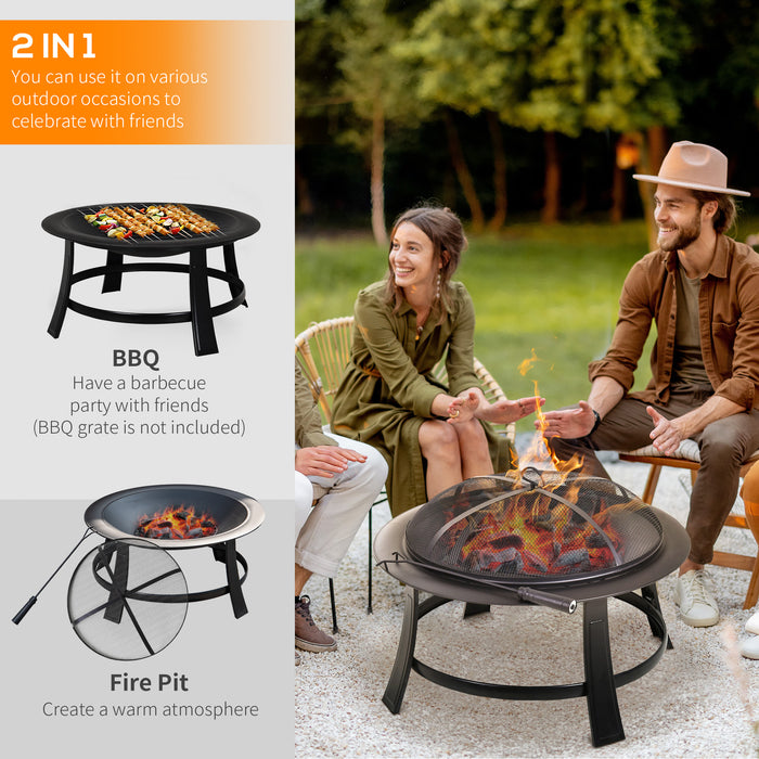 Outdoor Large Metal Firepit Bowl - Heavy-Duty Round Fire Pit with Lid, Log Grate, Poker - Ideal for Backyard, Camping, BBQ, Bonfire Gatherings