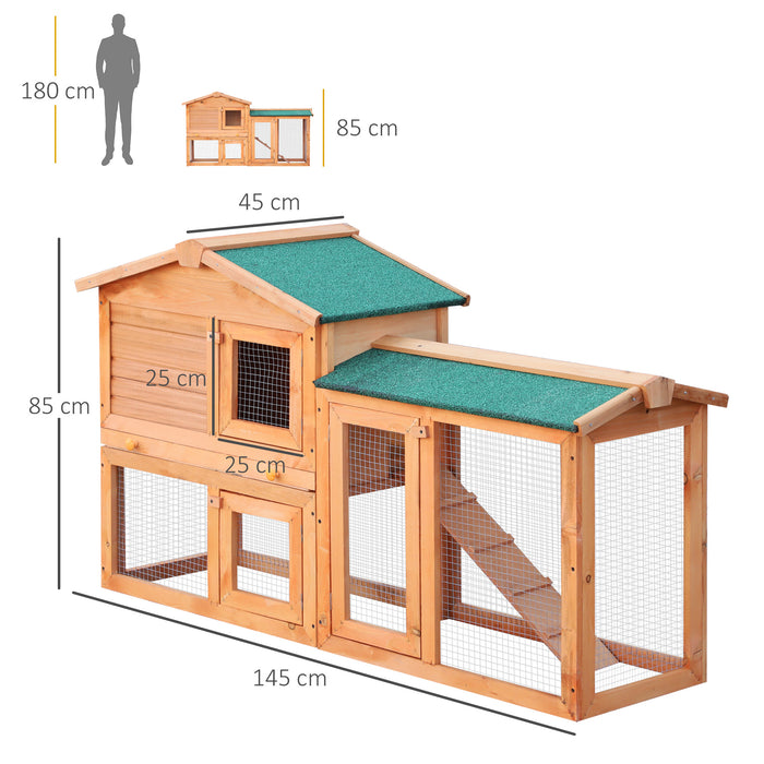 Outdoor Wooden Rabbit Hutch with Run - Guinea Pig Cage with Pull Out Tray, 145x45x85 cm - Ideal Habitat for Small Animals and Bunnies