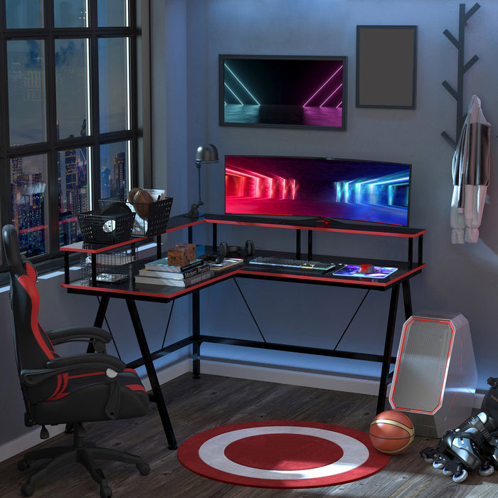 Ergonomic L-Shaped Gaming Desk - Elevated Monitor Shelf, Corner Computer Workstation in Black and Red - Ideal for Gamers and Home Office Setup