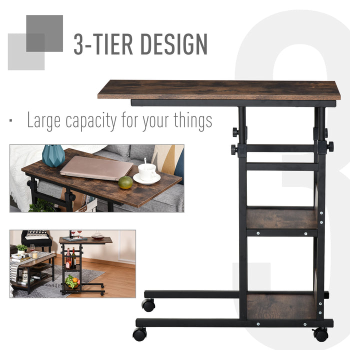 Industrial C-Shaped Rolling Side Table - 3-Tier Storage, Adjustable Height, End Desk with Wheels - Convenient for Sofa/Bedside Use & Small Space Organization