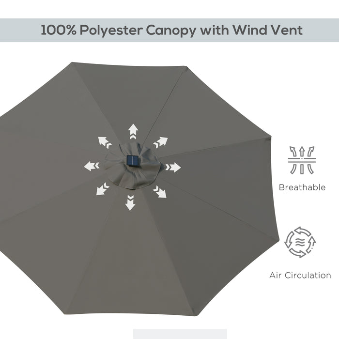 Patio LED Umbrella with Push Button Tilt/Crank - 2.7m Garden Parasol with 8-Rib Sun Shade, Grey - Perfect for Outdoor Table & Market Shelter