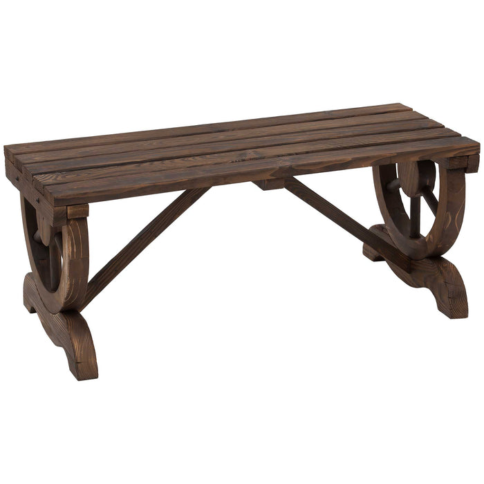 Rustic Garden Wooden Bench with Wheel-Shaped Legs - Slatted 2-Person Seating for Outdoor Patio, Reinforced Stable Structure - Stylish Addition for Garden Lovers & Relaxation Spaces